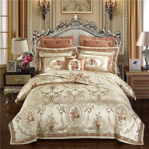 

bedding sets gold color europe luxury royal  king size satin jacquard duvet cover bed sheets 4/6/9pcs set pillowcase