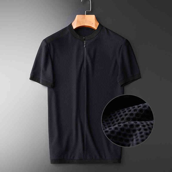 

tee shirt shirt summer thin mesh fabric zipper stand collar short sleeve arrival ventilate balck mens t-shirts plus size 4xl, White;black