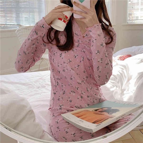 

casual dresses v-neck sleepwear spring floral printed women home 2021 chic comfortable korean cotton fashion pajamas suits sets 6ed4, Black;gray