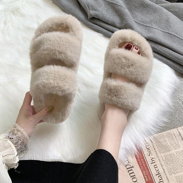 

slippers women's fur memory foam cozy flat word with fashion thick bottom home lazy arrival1, Black
