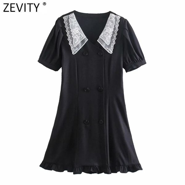 

women sweet lace collar patchwork double breasted black mini dress female chic puff sleeve ruffles summer vestido ds8161 210416, Black;gray