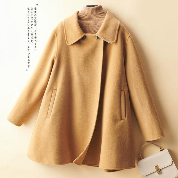 

women's wool & blends double sided cashmere coat short 2021 autumn winter small pure tweed solid color thin, Black