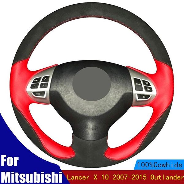 

steering wheel covers hand-stitched car cover black suede red leather anti-slip for mitsubishi lancer x 10 2007-2021 outlander
