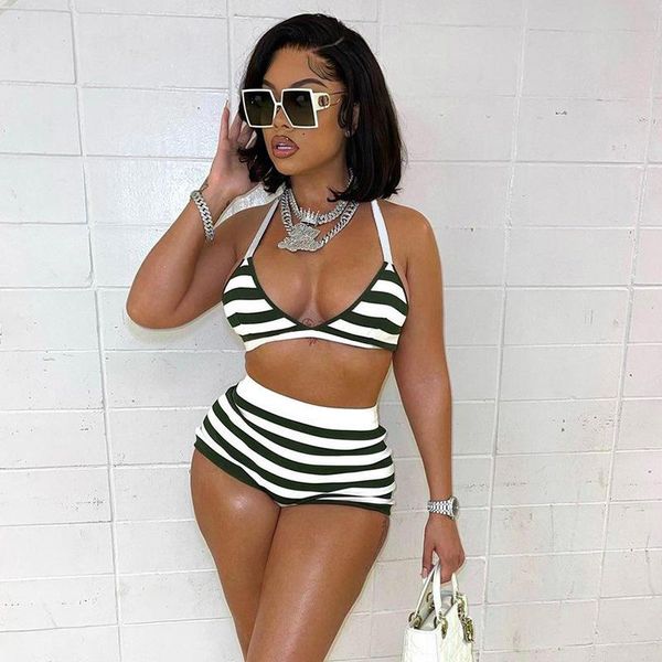 

women's tracksuits women skinny 2 piece sets casual lounge wear summer crop shorts matching set female suts striped print, Gray