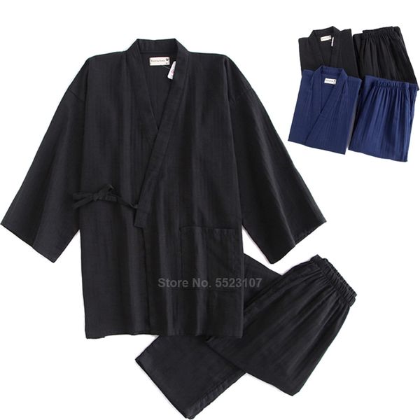 Kimono Pigiama Set per Samurai Uomo Cotone Tradizionale Giapponese Top Pantaloni Colore puro Casual Traspirante Yukata Sleepwear 210901