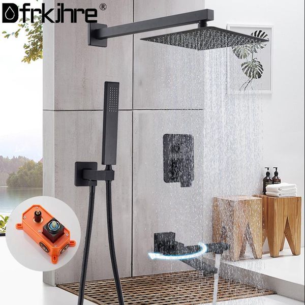 

bathroom concealed matte black shower faucets set rain waterfall system wall mount rotable spout bathtub mixer sets