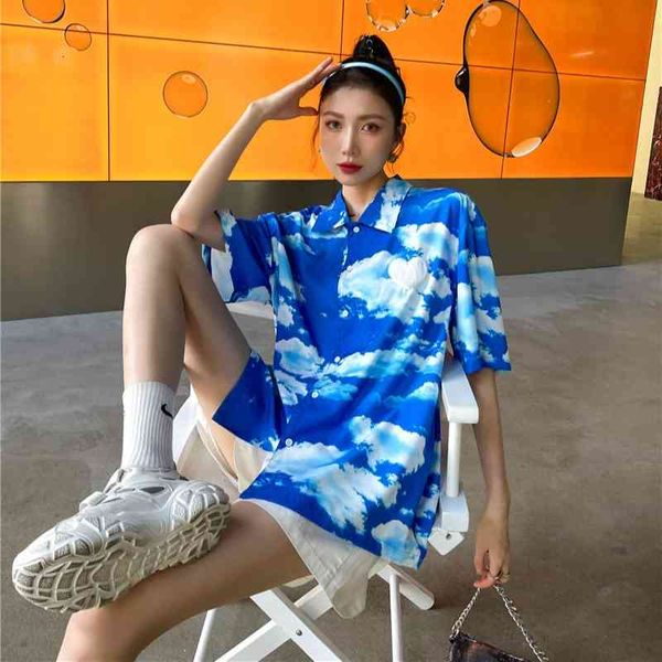 

women's blouses & shirts blue sky oversized hawaiian women short sleeve button up heart baggy loose and blouse pink summer uaw, White