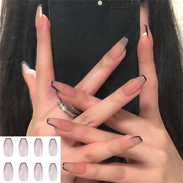 

false nails 24pcs detachable french with black line fake full cover nail art tips press on glue manicure tools, Red;gold