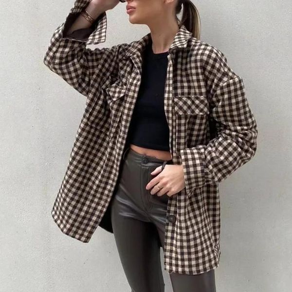 

women's jackets vintage warm tunic 2021 female plaid shirt coat turn-down collar long sleeve pocket fashion streetwear ladies, Black;brown