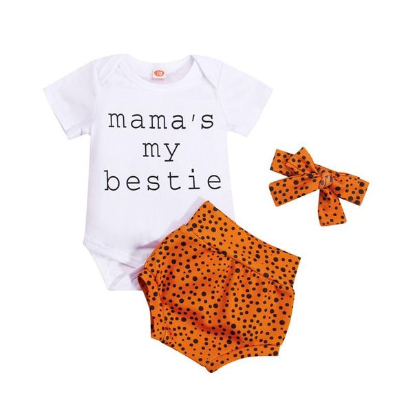 

jumpsuits 3pcs baby girls outfit summer short sleeve round collar letter romper + dot printing shorts bow headwear set, Blue