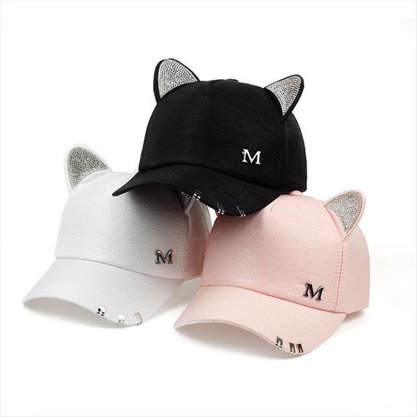 

meow womens summer fall black white pink hat cat ears baseball cap with rings and lace cute girl, Blue;gray