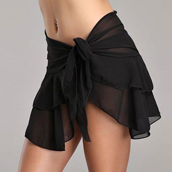 

skirts chiffon beach cover up sarong multi wear ruffle swimsuit wrap for women, Black