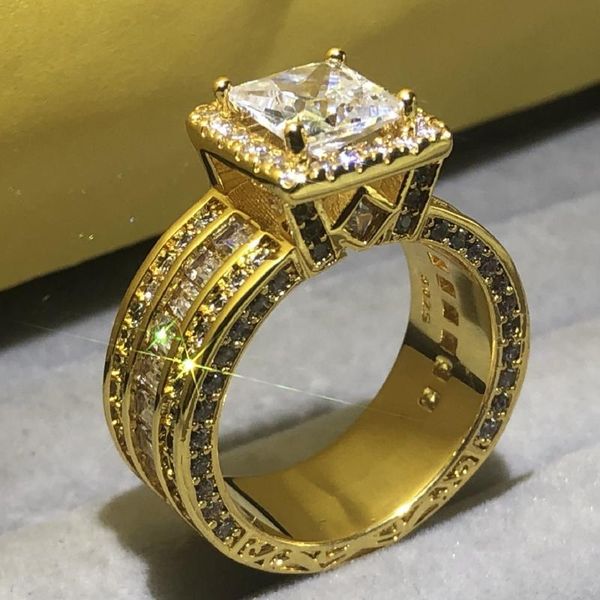 

cluster rings luxury 925 silver gold engagement for women square 4ct simulated diamond architecture ring wedding bridal jewelry, Golden;silver