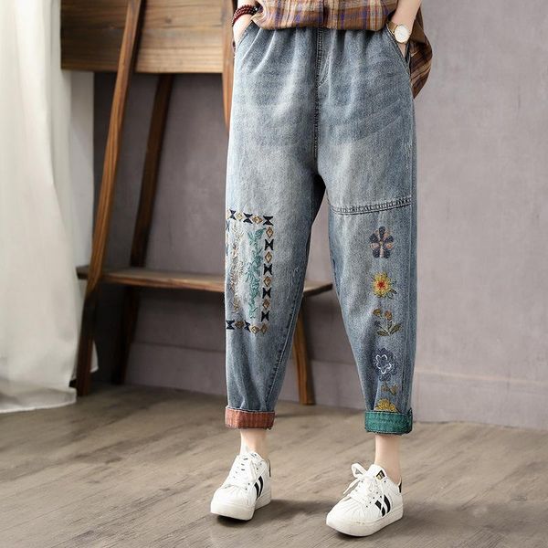 

women's jeans summer women vintage elegant colorful floral embroidery elastic waist cowboy scratch bleached light blue loose denim pant