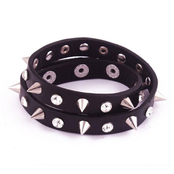

charm bracelets vintage rock pu leather cuff snap button punk style cuspidal spikes rivet cone stud bangles for women, Golden;silver