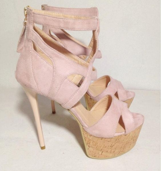 

chic high platform women sandals cut-out pink suede leather back zipper cage shoes thin heels spring summer dress, Black