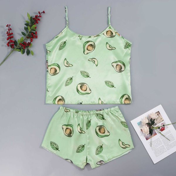 Avocado Print Pajamas для женщин Sexy Salin Silk Pajama Set Летняя пижама ремешка Cami Top Sleekwears V-образным вырезом Pijama 2PCS A50 Q0706