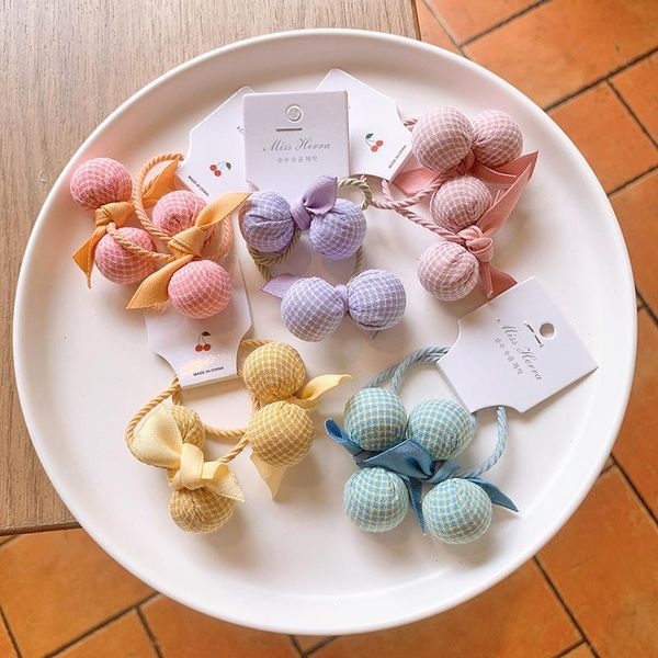 

hair accessories korean style girls cute plaid round ball rope baby fabric bow rubber band ties for children fashion, Slivery;white