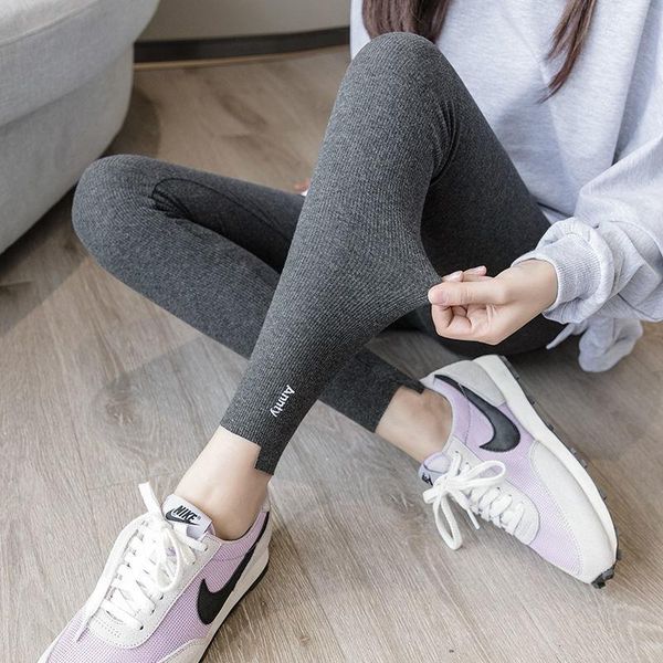 

women's leggings spring and autumn thin threaded high waist large size, Black