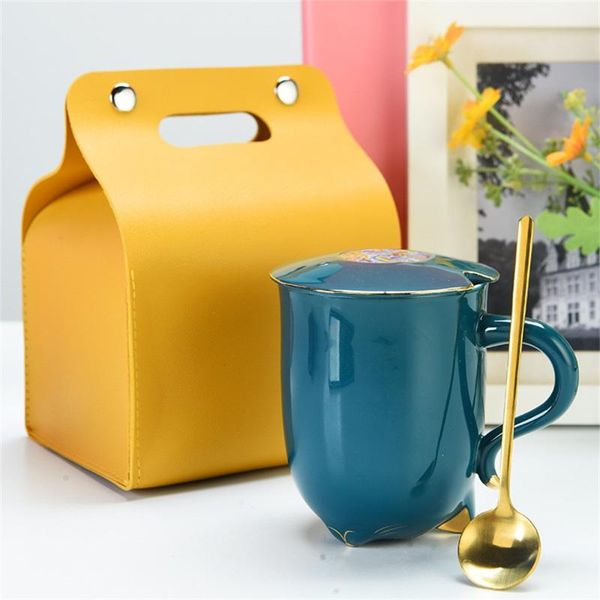 

mugs cute cat ceramic tea milk cup with spoon lid leather bag coffee china drink mark drop