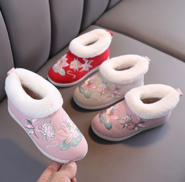 

winter plush velvet warm shoes kids girls thick embroidered chinese style hanfu ancient boots, Black;grey