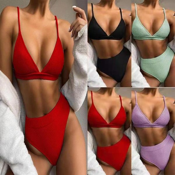 

one-piece suits womens 2pcs high waist bikini set ribbed knit solid color triangle swimsuit