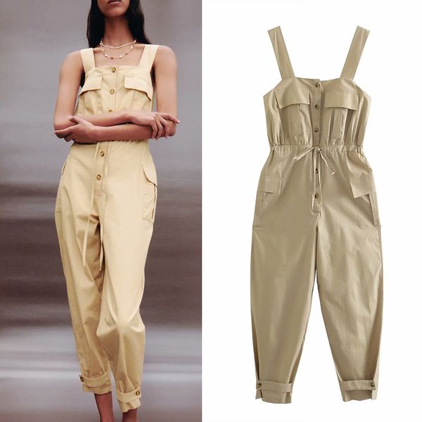 

summer za camisole jumpsuit pocket women solid ankle-length cargo pants casual streetwear ladies' soft clothing 210422, Black;white
