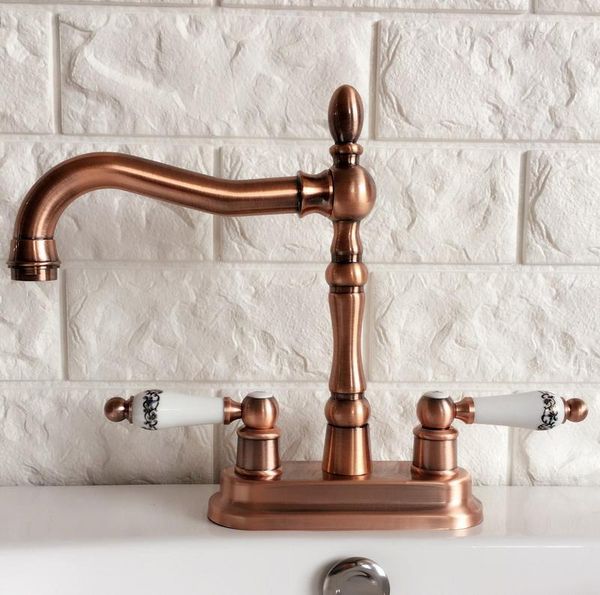 

bathroom sink faucets antique red copper brass deck mounted dual ceramic handles 4" center hole two holes basin faucet mixer taps mrg05