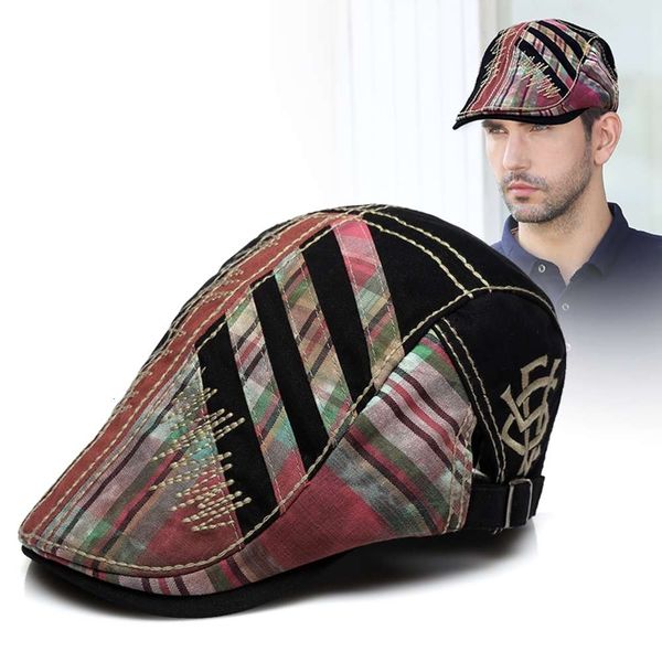 

cotton canvas dirty old autumn men's beret women's trend splicing plaid artist's cap, Blue;gray