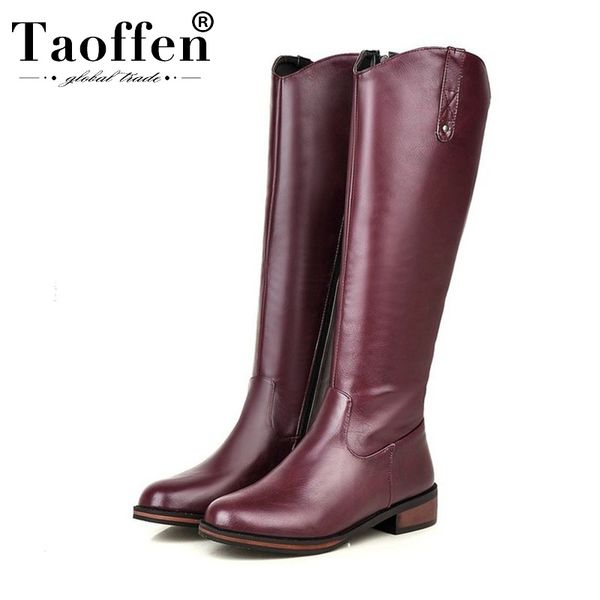 

taoffen side zipper women knee high boots round toe solid color flats shoes winter warm pu leather women footwear size 32-43, Black