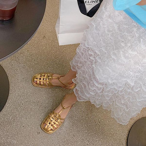 

sandals 2021 summer korean woven toe cap flat roman (^_-), Black