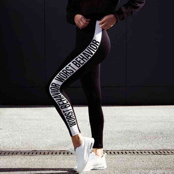 

worst behavior letter print patchwork womens leggings workout elastic capri pant female fitness leggins high waist trouser, Black