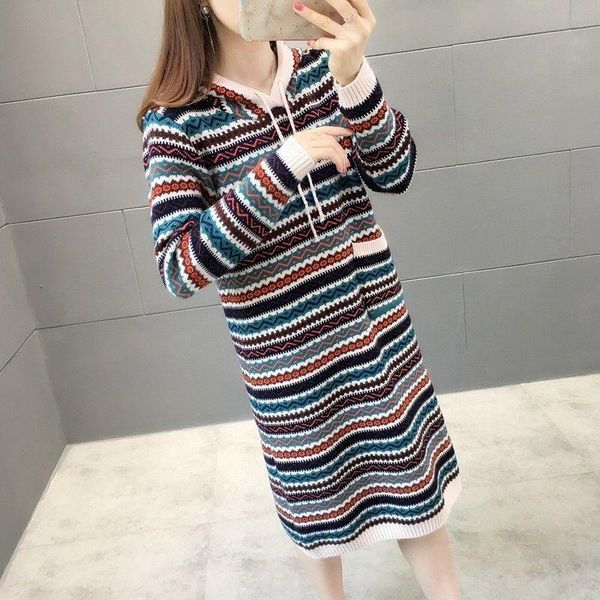 

women's sweaters knitted sweater dress women 2021 national style retro stripe winter warm charm long knit drawstring, White;black