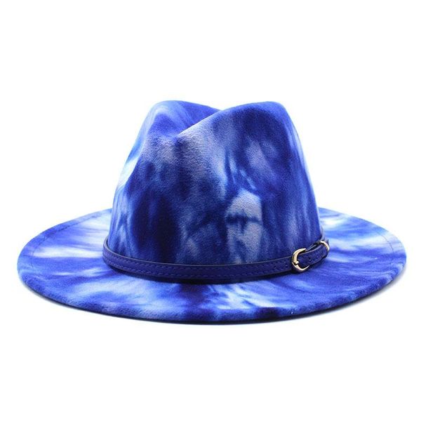 

wide brim hats spring tie-dye blue belt women men fedora ladies vintage fascinator multicolor panama felt jazz hat wholesale, Blue;gray