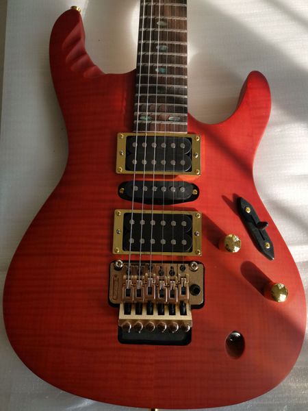 Superdünne Herman Li EGEN18 Flame Maple Top Dragon Blood E-Gitarre Floyd Rose Tremolo Bridge, Abalone Oval Inlay, HSH Pickups