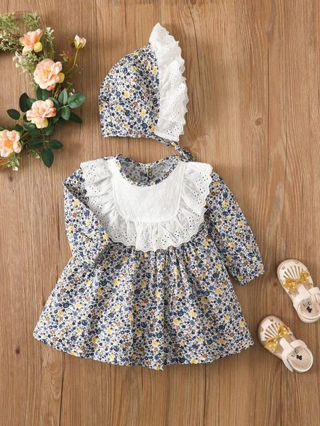 

baby ditsy floral eyelet embroidery ruffle trim dress with hat she, Red;yellow