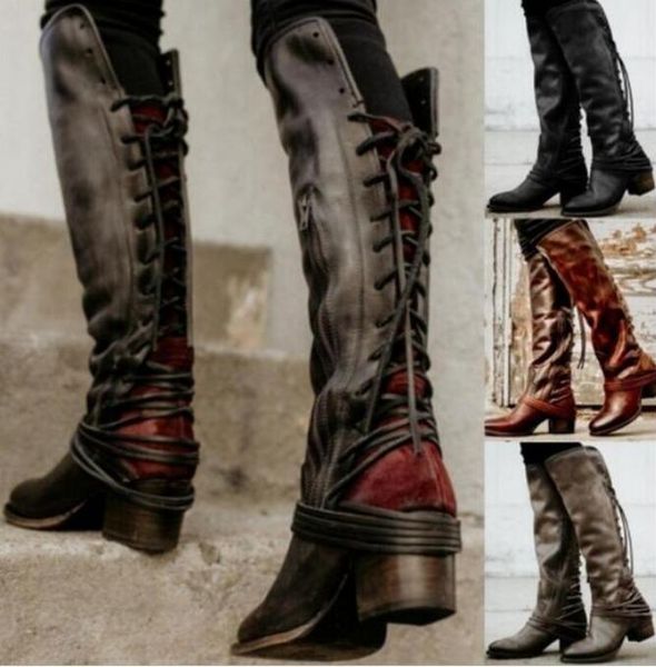 

boots sapato feminino women knee high vintage pu leather shoes woman cross-tied lace up gladiator booties girls chaussure, Black