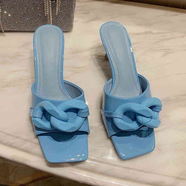 

sandals 2021 summer slippers women fashion big chain square open toe high heels mules ladies shoes slides white green rkt5, Black