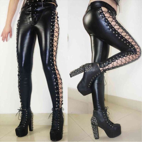 

rock steampunk leather pants womens leggings lace up on the side hollow out rencil long punk club fetish wetlook, Black