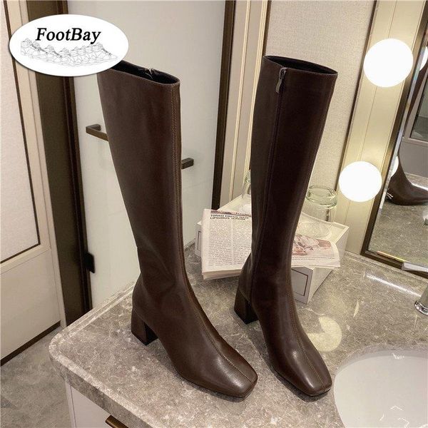 

boots black leather women knee square toe zip solid autumn shoes 2021