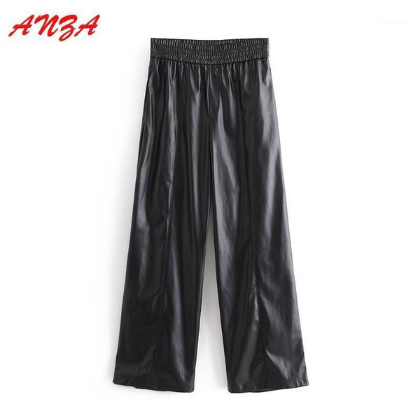 

women pu long pants femme high street fashion solid black wide leg trousers women's & capris, Black;white
