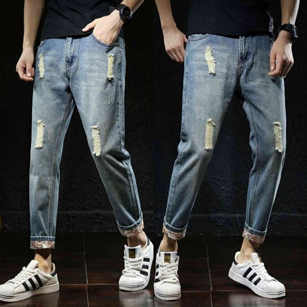 

2021 spring and summer harlan leggings trend korean slim hole men's jeans, Blue