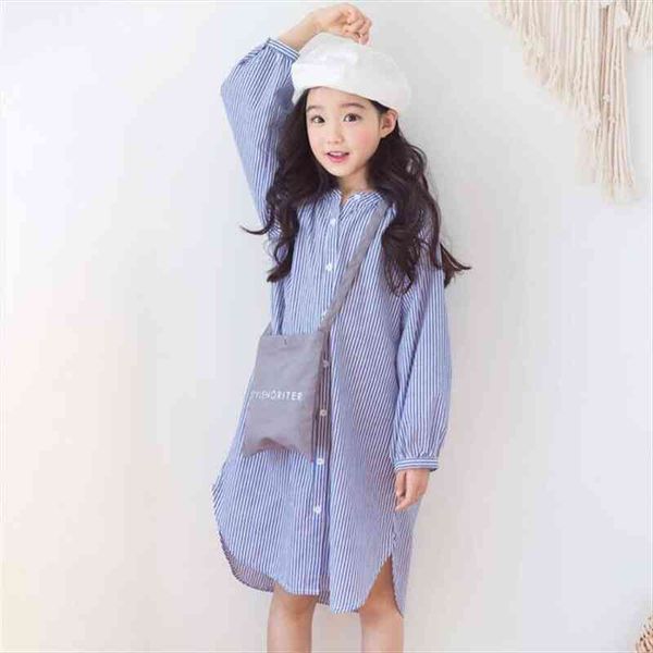 

long-sleeve teens kids for girl dresses girls single-breasted blue striped shirt, Red;yellow