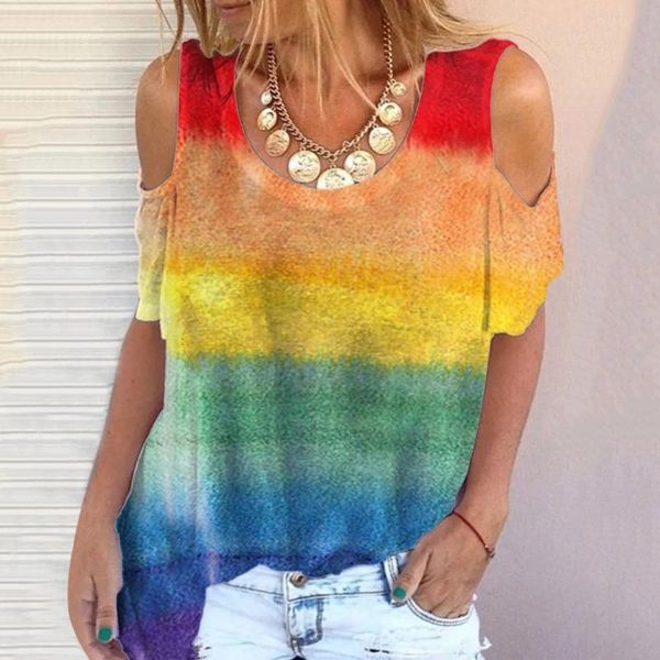 

women's t-shirt tshirt women 2021 womens o-neck collar color striped rainbow printed short sleeve fold casual tee shirt femme, White