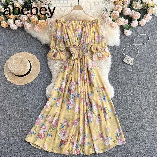 

boho floral print off shoulder long dress summer party elastic waist dress casual women beach holiday tunic dress 210715, Black;gray