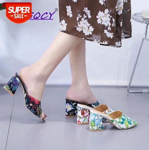 

2019 brand elegant print chunky heels summer women's shoes woman sandals leisure slippers comfortable open toe slip-on slides #bf01, Black