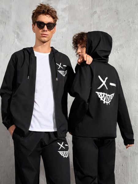 

1pc expression print drawstring hooded jacket & 1pc pants h4gs#, Gray