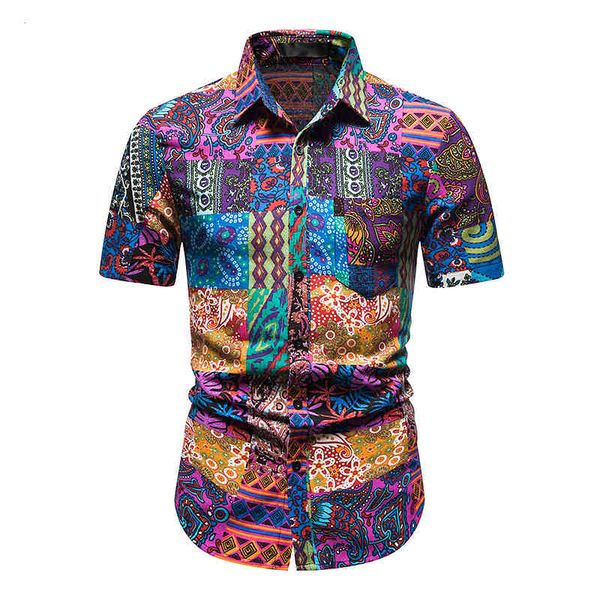 Baskı Gömlek Erkekler Plaj Rahat Tatil Hawaii Gömlek Erkek Afrika Dashiki Etnik Boy Kısa Kollu Camisas Rahat Streetwear 210524