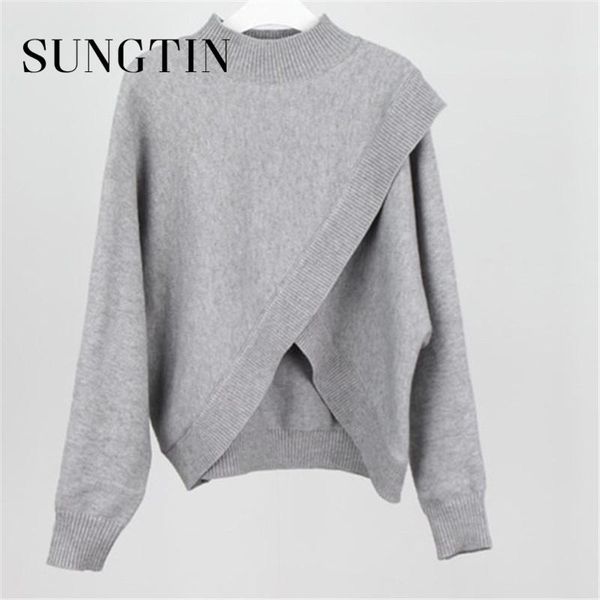 

women's sweaters sungtin solid irregualr design turtleneck sweater criss-coss women winter fashion 2021 knitted jumpers autumn high qua, White;black