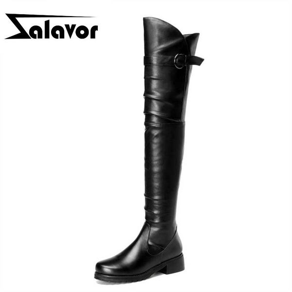

boots zalavor women over the knee genuine leather shoes fur metal buckle flats fashion woman size 34-39, Black
